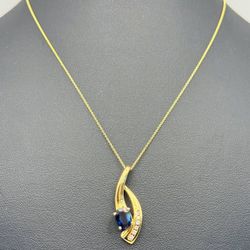 14k yellow gold Natural 0.75 Blue Oval Sapphire 0.15CTW Natural Diamond 16” Necklace