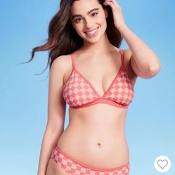Kona Sol Bikini Swim Suit Halter Top and Bottom Pink Check, Size Small