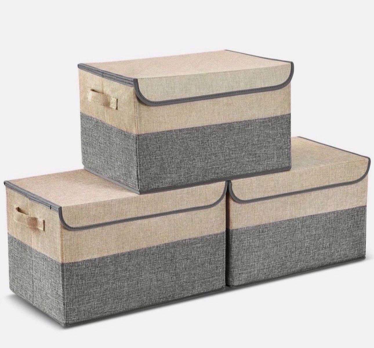 3Pcs Large Storage Bin w/ Lids Foldable Storage Box for Toys Clothes & Book Grey 15.7 x 11 x 9.84 inch