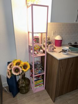 Pink Shelving Unit With Lamp
