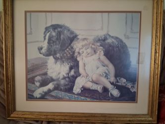 Framed Victorian Child and Dog Print