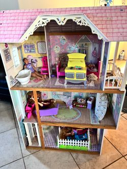 Large Wooden Dollhouse with Furniture and Dolls