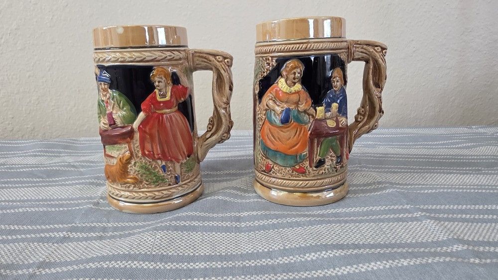 “Pair of German-Style Hand-Painted Ceramic Beer Steins – Matching Set