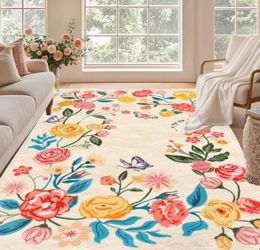 9x12 XL Machine Washable Non Slip Low Pile Soft Area Rugs, Antique Ivory with Floral Pattern, NEW