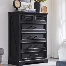 6 Drawer Dresser for Bedroom, Farmhouse 46" High Wooden Country Style Drawer Chest, Wide Metal Handle Pull-out Storage Cabinet, Black