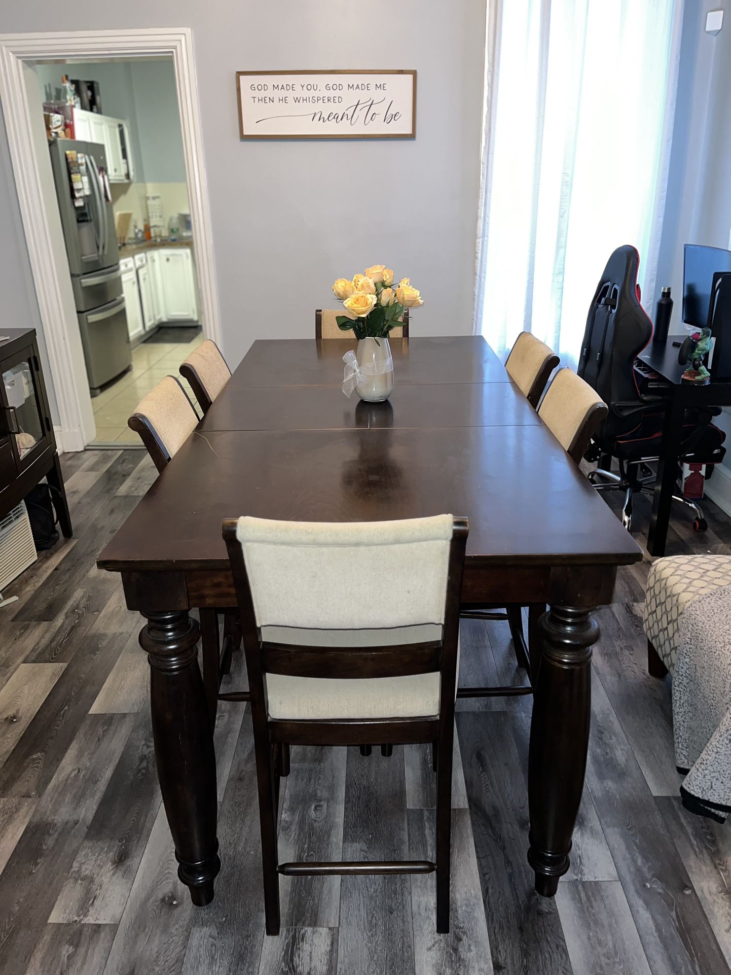 Dark Brown Wooden Dining Room Table + 6 Tall Chairs
