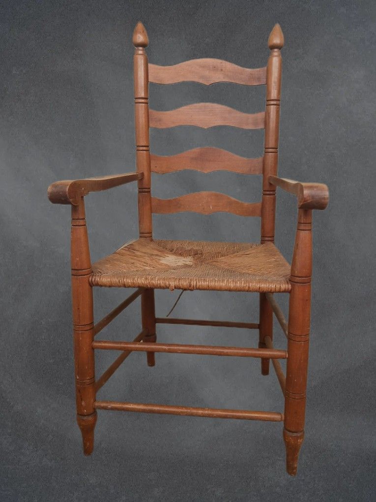 Antique Traditional Slat Back Armchair With Woven Rush Seat