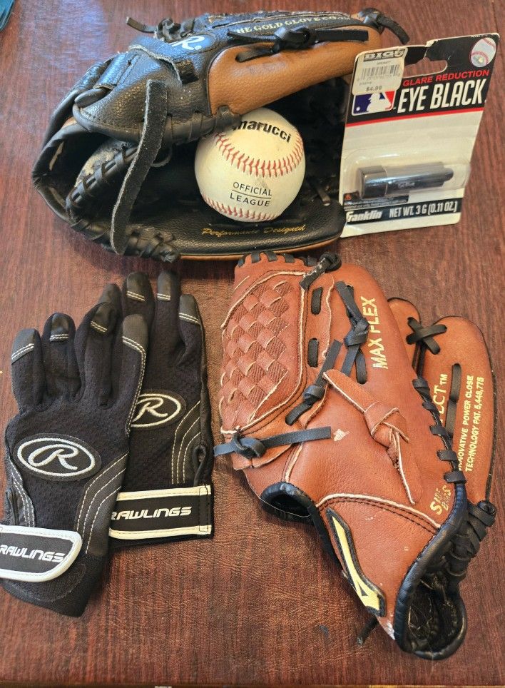 Youth Baseball Gloves, Baseball, and Eye Black Stick (Glove Sizes in Description)