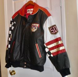 New NASCAR 50th Anniversary Mens Leather Jacket Black Fully Lined RED INSIDE XL