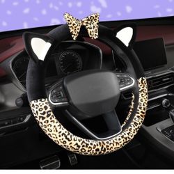 Plush Car Steering Wheel Cover Luxurious Leopard Print Universal Fit for Car SUV Warm Soft Anti-Slip (Black Yellow w/Bow)