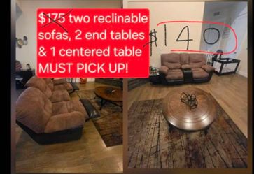 All for $140. good condition 2 sofas reclinables plus 3 used matching tables