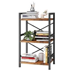 Homeiju Bookshelf, 3 Tier Industrial Bookcase, Metal Small Bookcase, Rustic Etagere Book Shelf Storage Organizer for Living Room, Bedroom, and Home Of