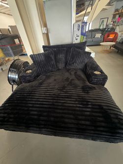 Oversized Black Corduroy Chaise Lounge Sofa with Cup Holders – Brand New