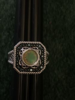 Opal, sterling silver, black and sterling and blue diamond ring. Size 8.5