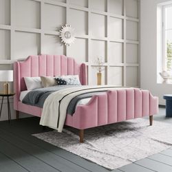 Upholstered Queen Size Bed Frame with Modern Curved Velvet Wingback Headboard, Heavy Duty Wood Platform Bed with Strong Wood Slat Support, 