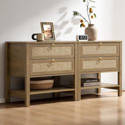 SICOTAS Rattan Nightstand Set of 2, Wide Boho Bedside Table with 2 Drawers Large Night Stand Set of 2 with Open Shelf, Coastal Boho Bedside Table for 