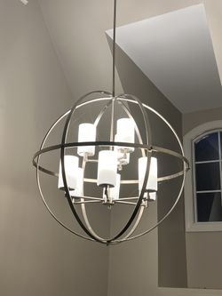 Alturas 9-Light Chandelier, Brushed Nickel, Globe Orb 2-tier Modern 32” features Etched White Inside Glass Shades Used. Perfect condition