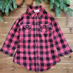 SIZE 9-10 GIRLS FAINT RED & BLACK BUFFALO CHECK PLAID THREE-QUARTER SLEEVES BUTTON DOWN LIGHTWEIGHT SHIRT