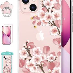 [5-in-1] RoseParrot iPhone 13 Case with Screen Protector + Ring Holder + Waterproof Pouch, Clear with Floral Pattern Design, Soft&Flexible Bumper Shoc