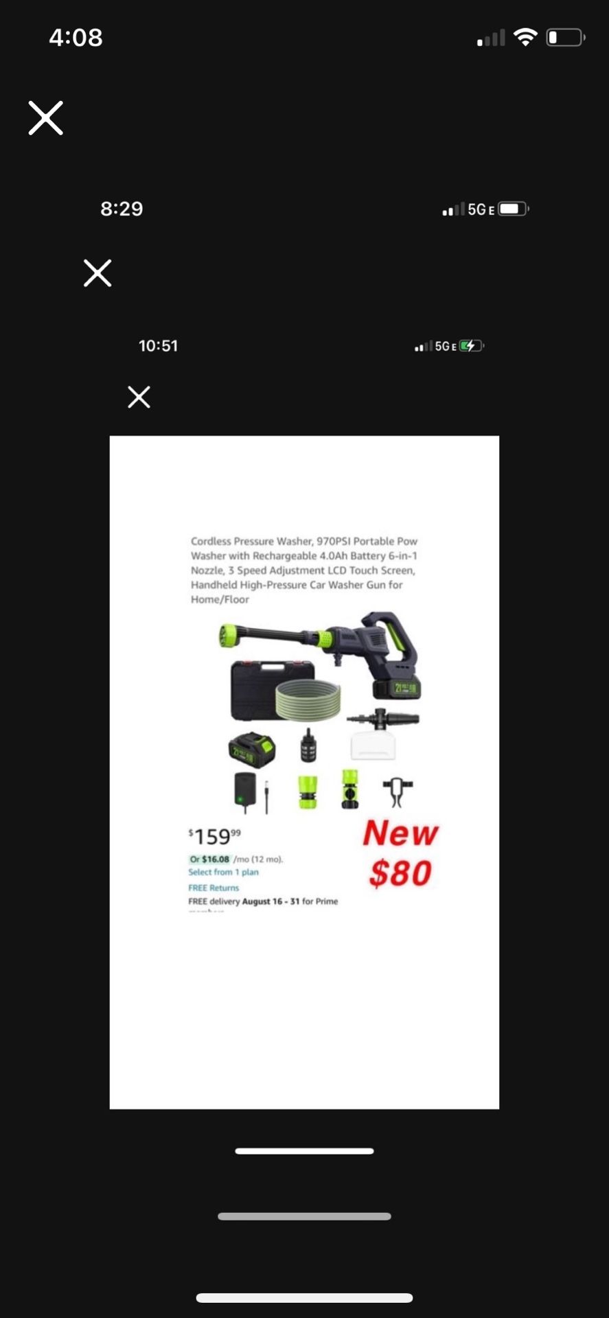 New Cordless Pressure Washer, 970PSI Portable Power Washer with Rechargeable 4.0Ah Battery 6-in-1 Nozzle, 3 Speed Adjustment LCD Touch Screen,$80
