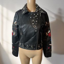 ROMEO JULIET Couture Embroidered Circle Rivet Faux Leather Moto Jacket Sz S