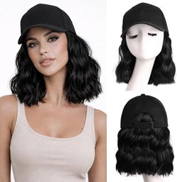 Hat Wig with Hair Attached for Women Baseball Cap Wig Extensions Short Wave Synthetic Adjustable for Daily Use 14 Inch