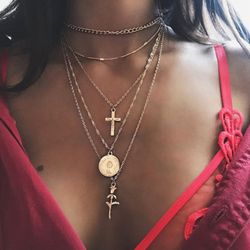 Rose Flower Cross Round Chain Pendant Multilayer Necklace