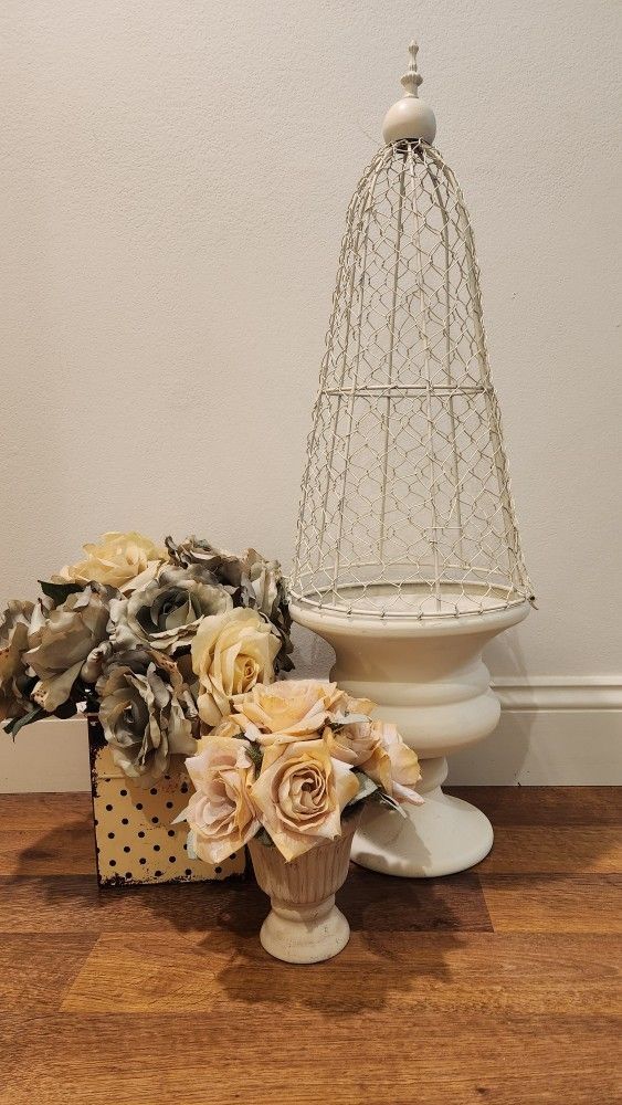 Farmhouse Decorations: Floor Lamp, Topiary/ Trellis Planter, Floral Arrangement