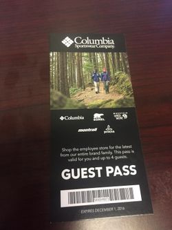 Columbia Sportswear Employee Store Pass good for 4 people for Sale in Hillsboro OR OfferUp