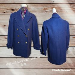 Michael Kors NWT Size 10 Wool Blend Navy Double Breasted Peacoat