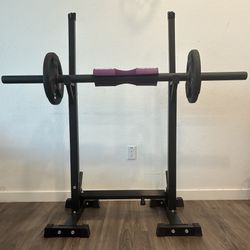 Rogue Fitness Squat Rack With Olympic Barbell And Weights And Barbell Pad