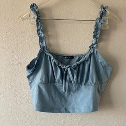 Shein, Womens Blue Ruffle Straps Stretchy Cropped Top, Size XL