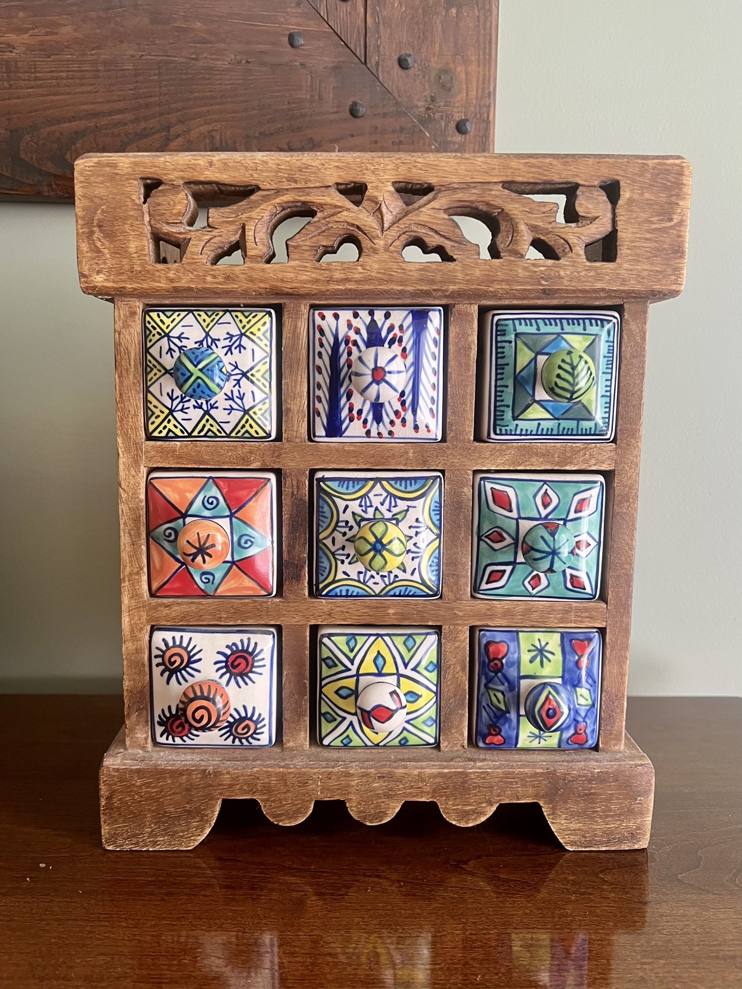 Carved Wooden Organizer Painted Ceramic Mini Drawers Made in India
