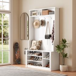 Delenna Hall Tree Shelf / Cabinet / Storage 39.37'' Wide with Bench and Shoe Storage