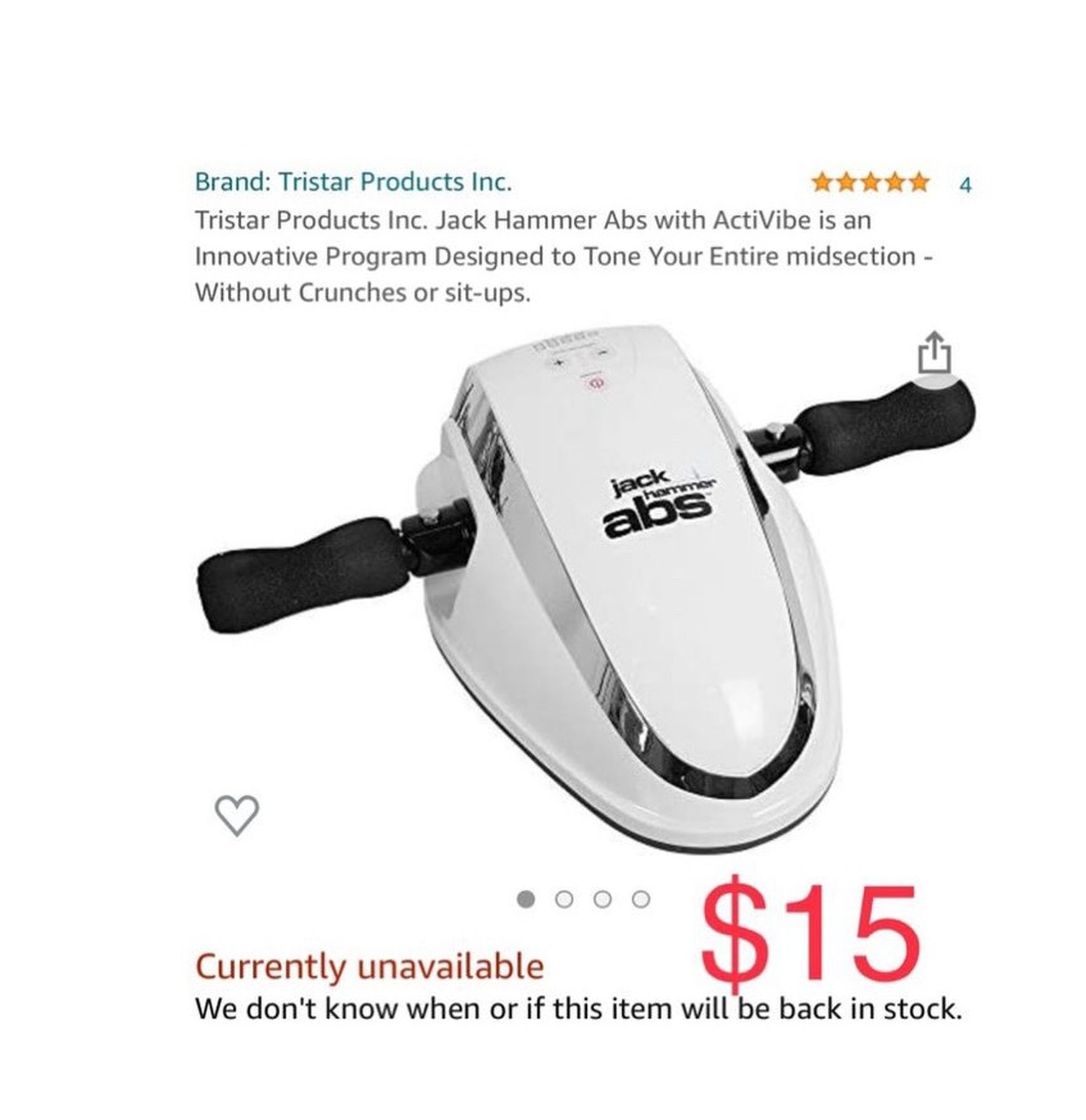Tristar Products Inc. Jack Hammer Abs with ActiVibe is an Innovative Program Designed to Tone Your Entire midsection - Without Crunches or sit-ups.