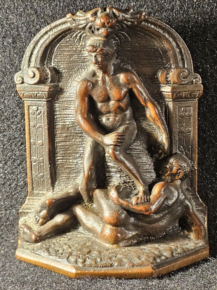 Very Rare Antique 1920s Era Art Deco Solid Bronze Bookend Of Two Nude Greek Men Male Wrestling.