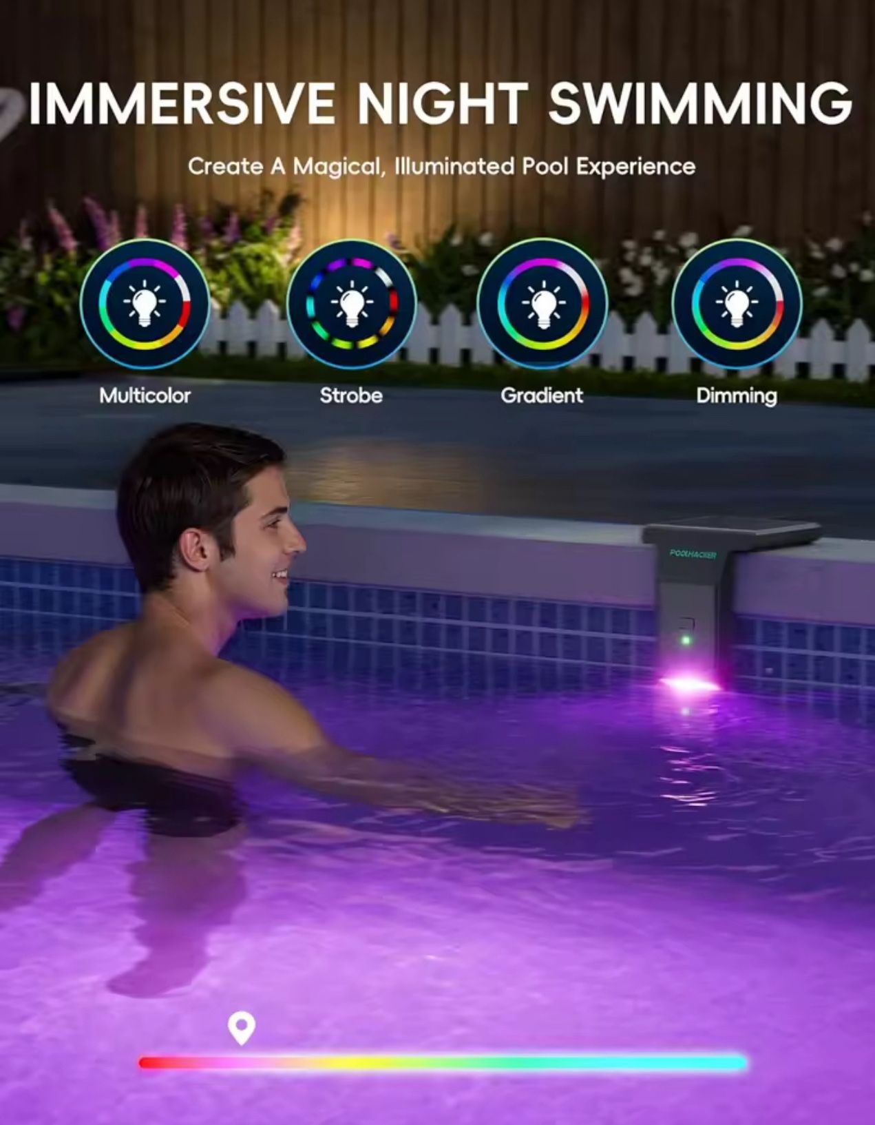 PoolHacker Solar Wireless Pool Light 10-Color 4-Mode LED Remote