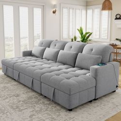 110.2 Oversized U-shaped Sofa Versatile Sectional Sofa Pull-out Sofa Bed with Double Storage Chaise Lounges and Two USB Ports for Living Room,Gray