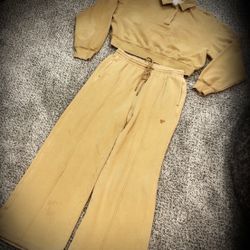 Victoria’s Secret PINK Camel Lounge Set – Cropped Sweatshirt & Wide-Leg Pants – Size S