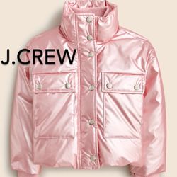 🌧(NEW) (6 SIZES AVAILABLE) GIRLS’ J.CREW CROPPED METALLIC PINK PUFFER JACKET - SIZES: XXS (2-3), XS (4-5), S (6-7), M (8-9), L (10-11), XL (12-13)🌧