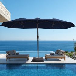 MIMI Double Top 14.5 ft. Steel Cantilever Outdoor Patio Umbrella with Weighted base in Dark Blue