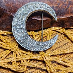 Vintage Silver Tone Crescent Moon with Rhinestones Brooch