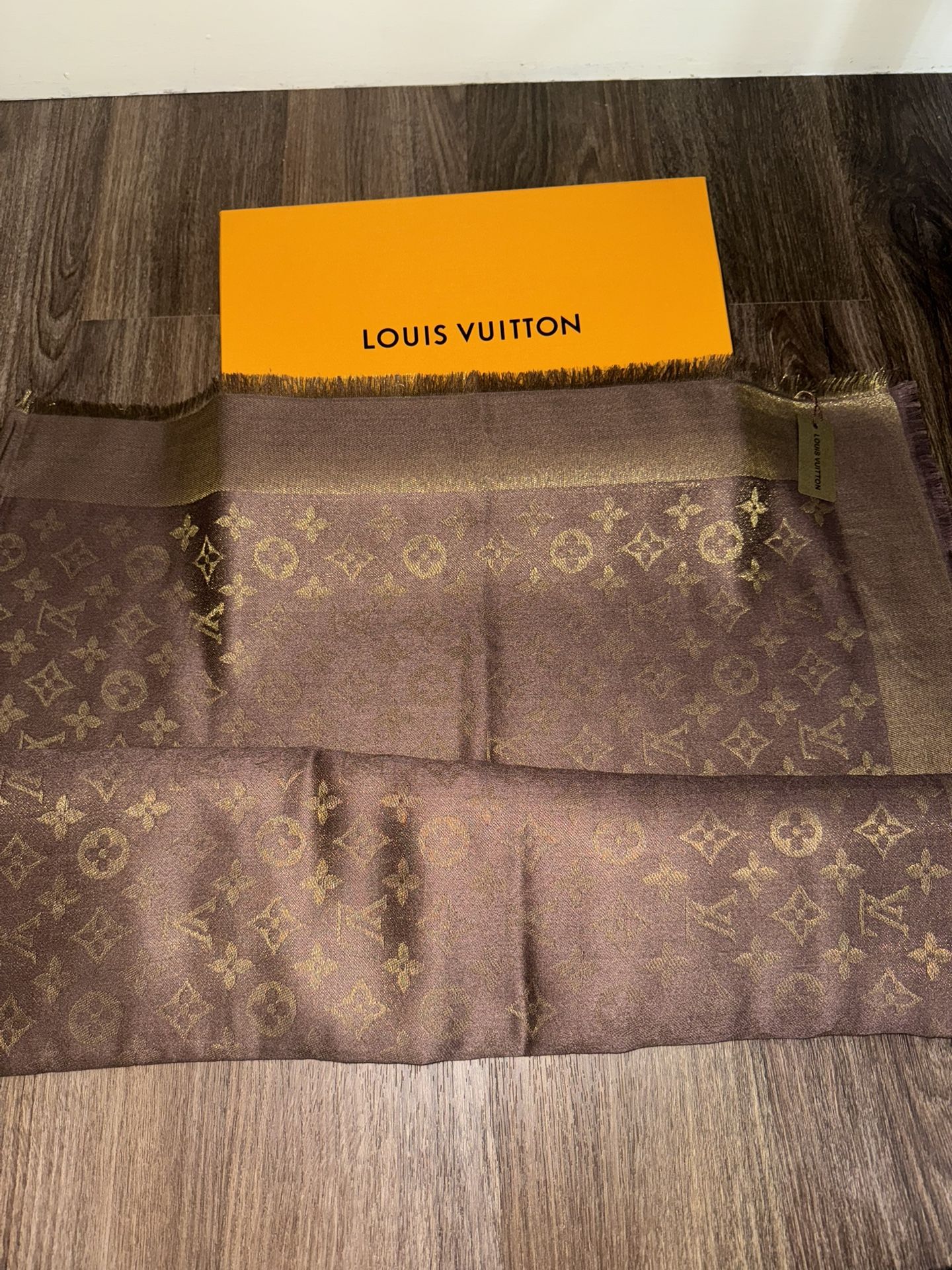 NWT- Louis Vuitton Cappuccino Silk Wool Monogram Shawl Scarf 55x55