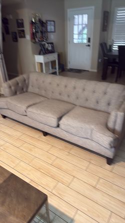 Tufted Fabric Sofa with Dark Wood Legs