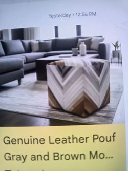 Modern Geometrical Ivory an Gray Genuine Cowhide Leather Luxury Pouf Ottoman