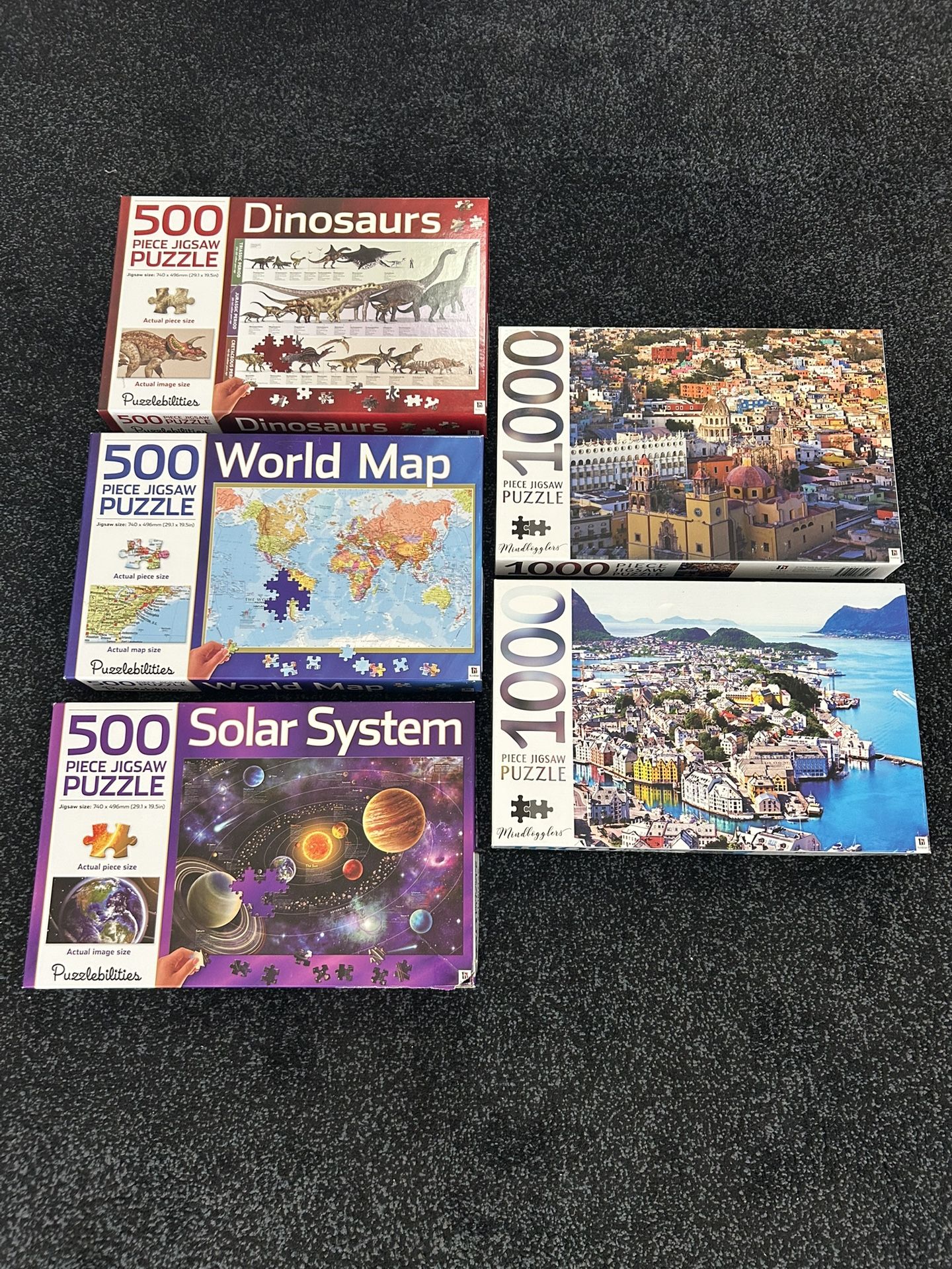 5 Kids Puzzle Set – Dinosaurs, World Map, Solar System & City Views (500 & 1000 Pieces)