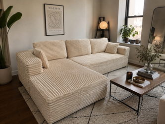 110in Cream Corduroy L-Shaped Sectional Sofa - Deep Seat, Spring Support (New in Box)