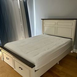 Stylish Queen Bed Frame With Two Drawers + Bamboo Mattress – $200