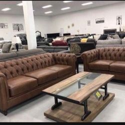 Brooks Brown Genuine Leather Sofa Loveseat 🔥 Brand New 💯 Delivery Available 🚚 $39 Dow Payment 👍 2 Piece Living Room ✅
