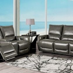 Brand New Grey Top Grain Leather Power Reclining Sofa & Loveseat 